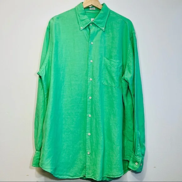PETER MILLAR Mens Kelly Green Silk & Linen Long Sleeve Button Shirt Size LARGE - Picture 1 of 5